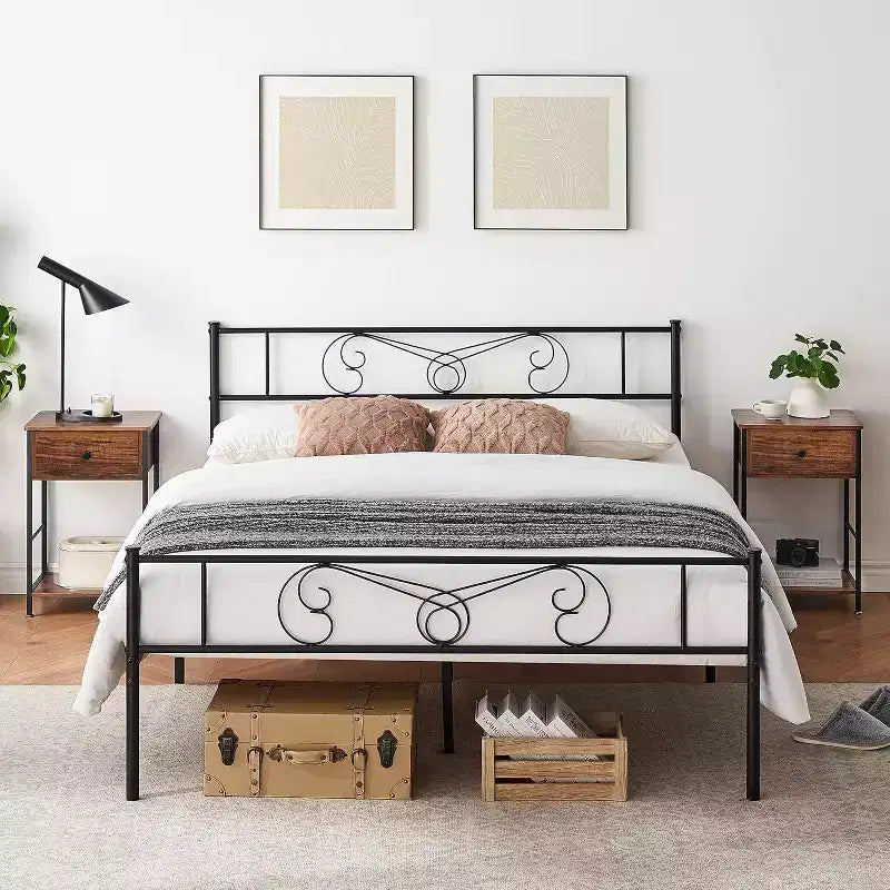 Metal Platform Bed Frame with Iron-Art Headboard and Footboard