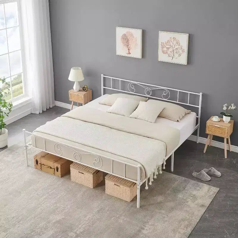 Metal Platform Bed Frame with Iron-Art Headboard and Footboard