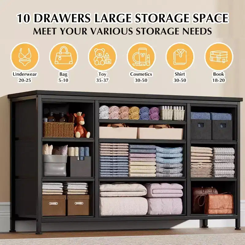 Metal Frame MDF 10-Drawer Dresser and TV Stand with Power Outlet 47.2''x27.6''x15.4''