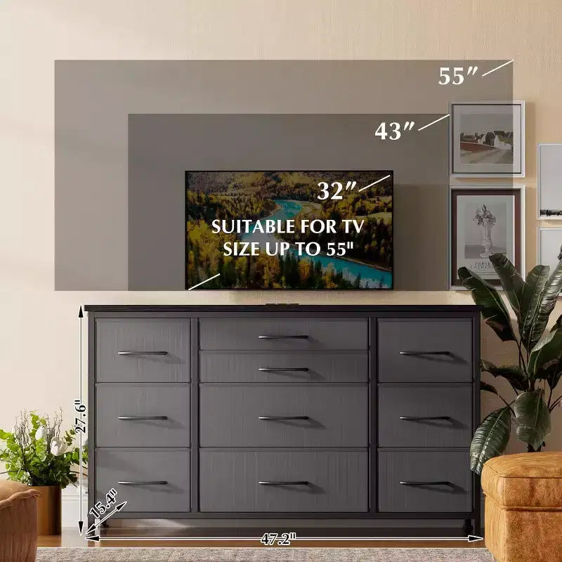 Metal Frame MDF 10-Drawer Dresser and TV Stand with Power Outlet 47.2''x27.6''x15.4''