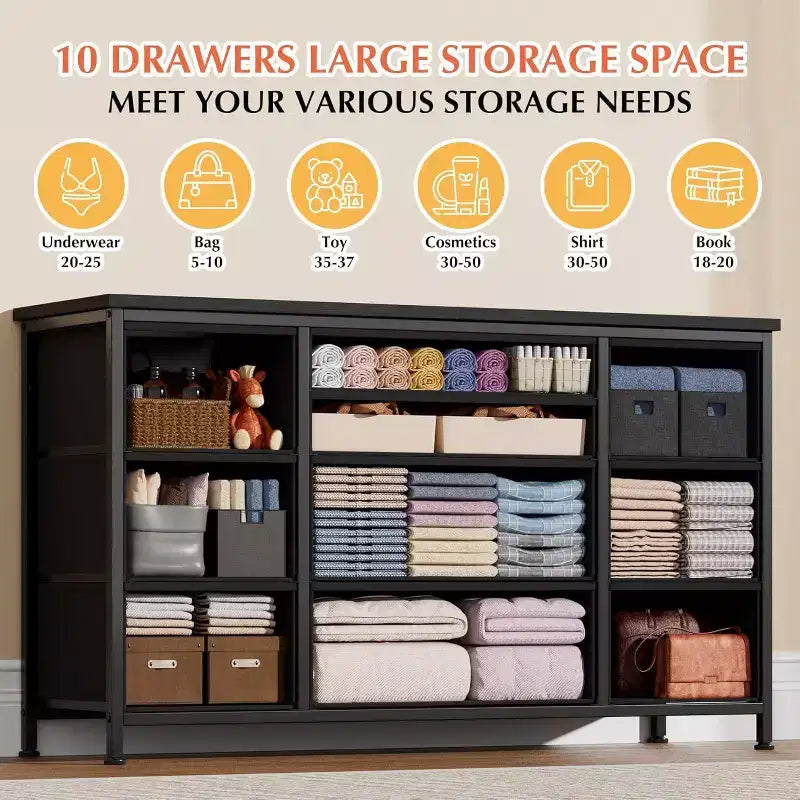 Metal Frame MDF 10-Drawer Dresser and TV Stand with Power Outlet 47.2''x27.6''x15.4''