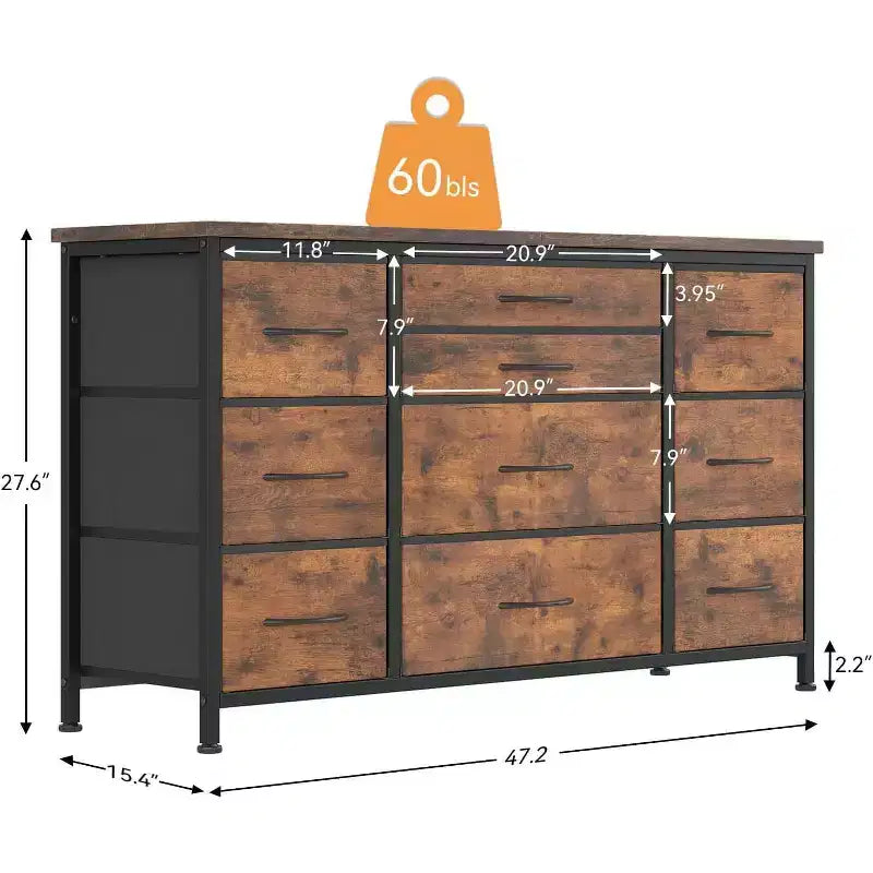 Metal Frame MDF 10-Drawer Dresser and TV Stand with Power Outlet 47.2''x27.6''x15.4''