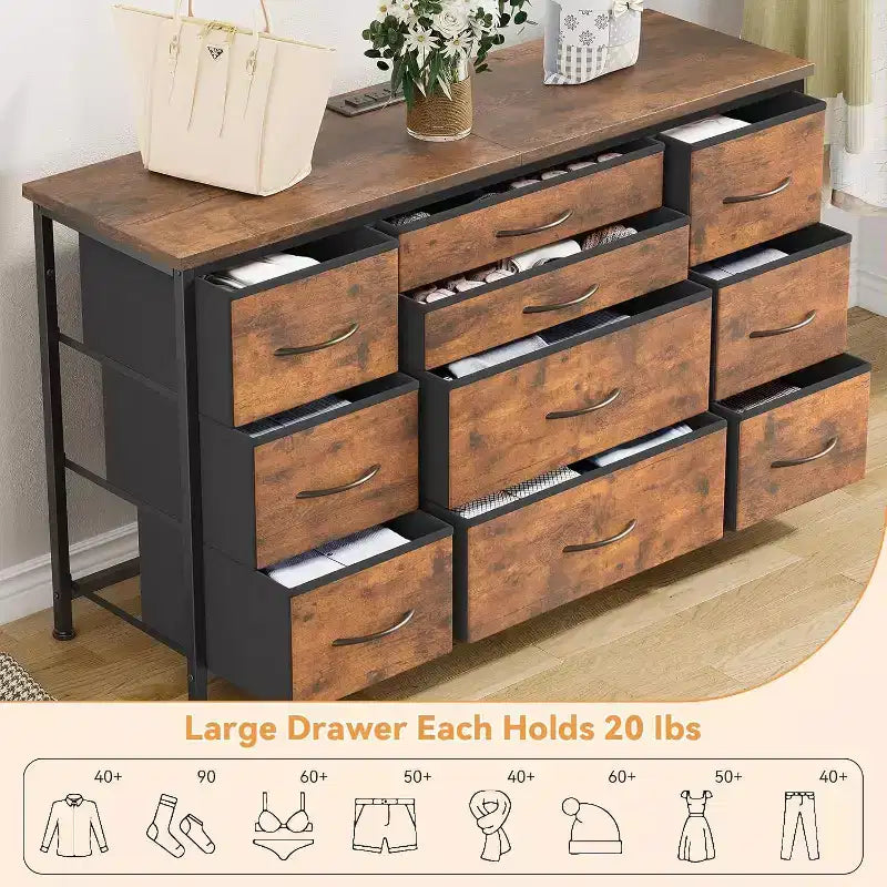 Metal Frame MDF 10-Drawer Dresser and TV Stand with Power Outlet 47.2''x27.6''x15.4''