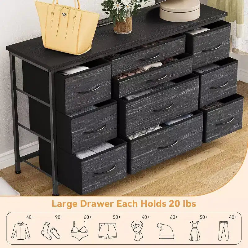 Metal Frame MDF 10-Drawer Dresser and TV Stand with Power Outlet 47.2''x27.6''x15.4''