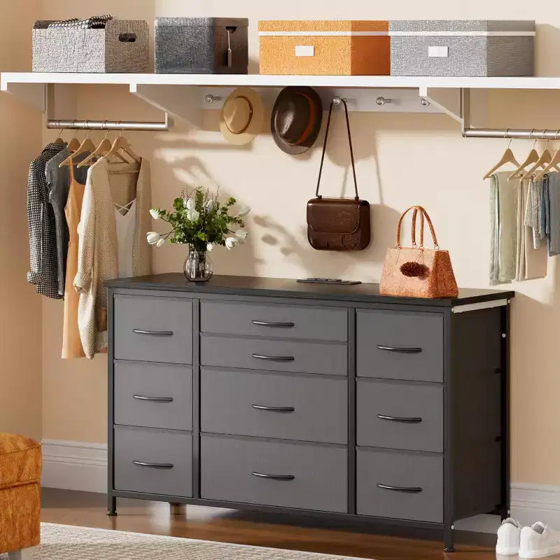 Metal Frame MDF 10-Drawer Dresser and TV Stand with Power Outlet 47.2''x27.6''x15.4''