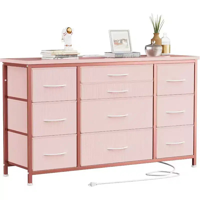 Metal Frame MDF 10-Drawer Dresser and TV Stand with Power Outlet 47.2''x27.6''x15.4''