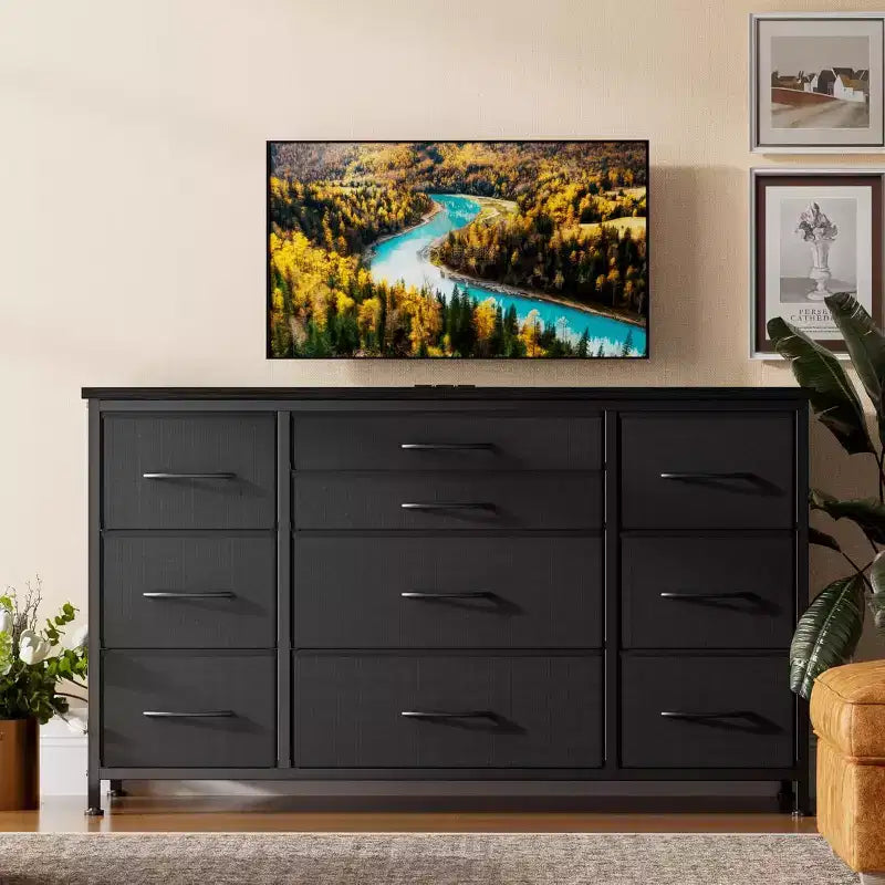 Metal Frame MDF 10-Drawer Dresser and TV Stand with Power Outlet 47.2''x27.6''x15.4''