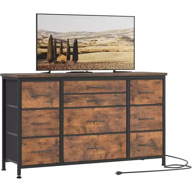 Metal Frame MDF 10-Drawer Dresser and TV Stand with Power Outlet 47.2''x27.6''x15.4''