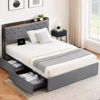 Full Size Bed Frame with Charging Station, 4 Storage Drawers, Gray Velvet Upholstered, No Box Spring Needed, Strong Wooden Slats