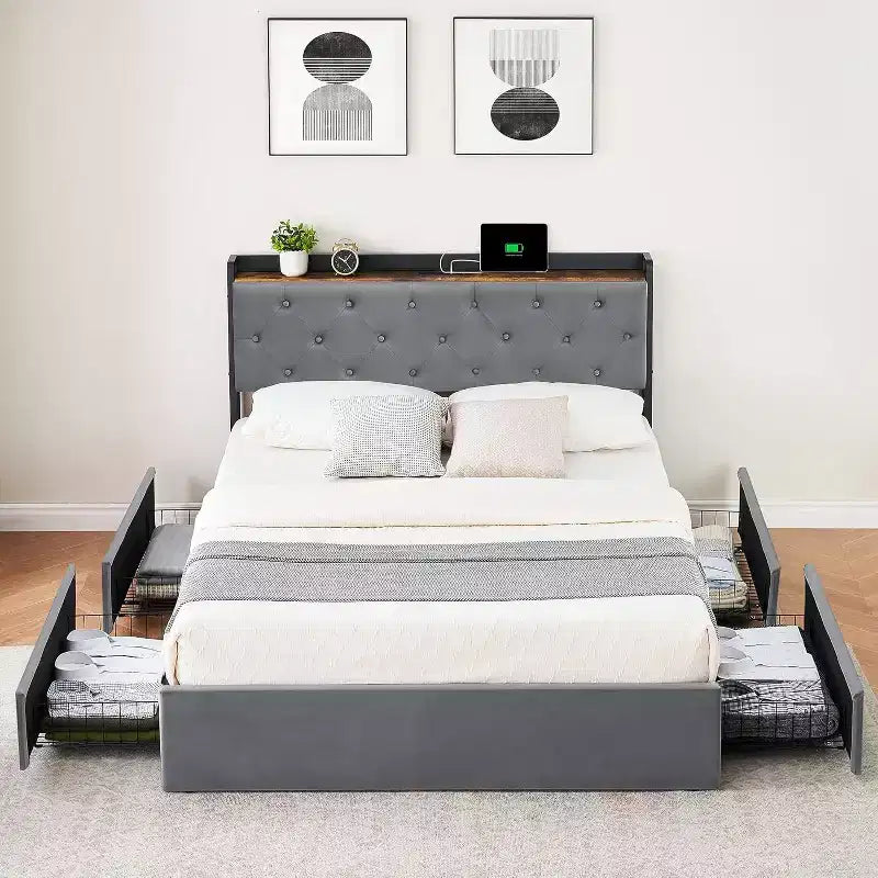 Velvet Upholstered Bed Frame with Charging Station and 4 Storage Drawers