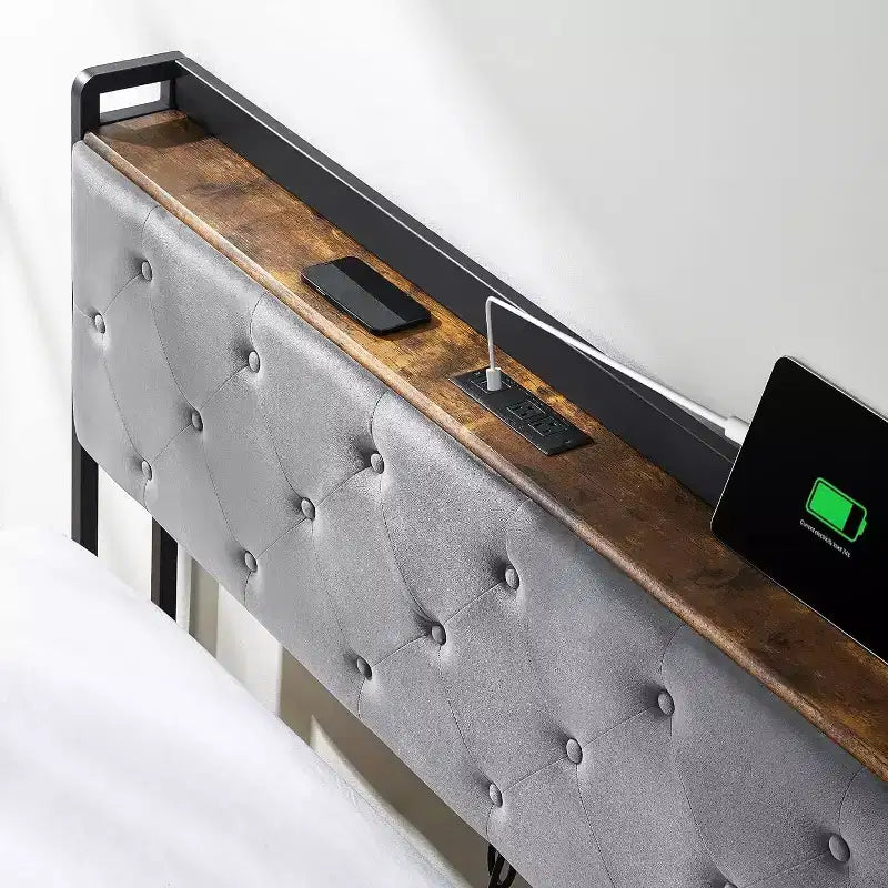 Velvet Upholstered Bed Frame with Charging Station and 4 Storage Drawers