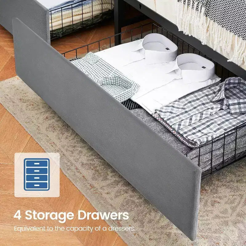 Velvet Upholstered Bed Frame with Charging Station and 4 Storage Drawers