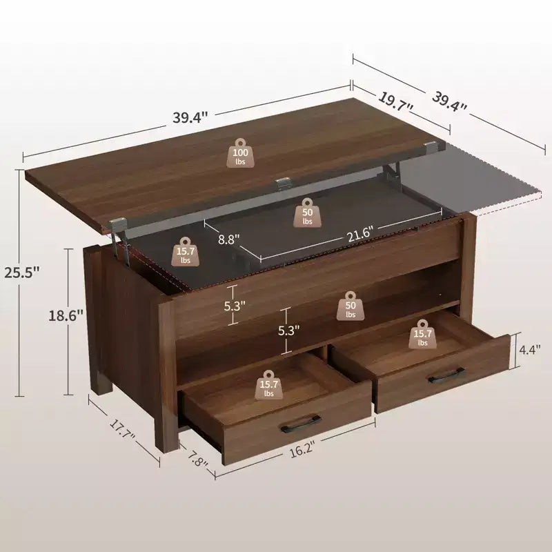 MDF Lift Top Coffee Table 39.4x19.7x19.3-25.5