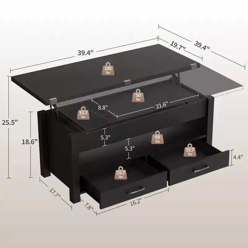 MDF Lift Top Coffee Table 39.4x19.7x19.3-25.5