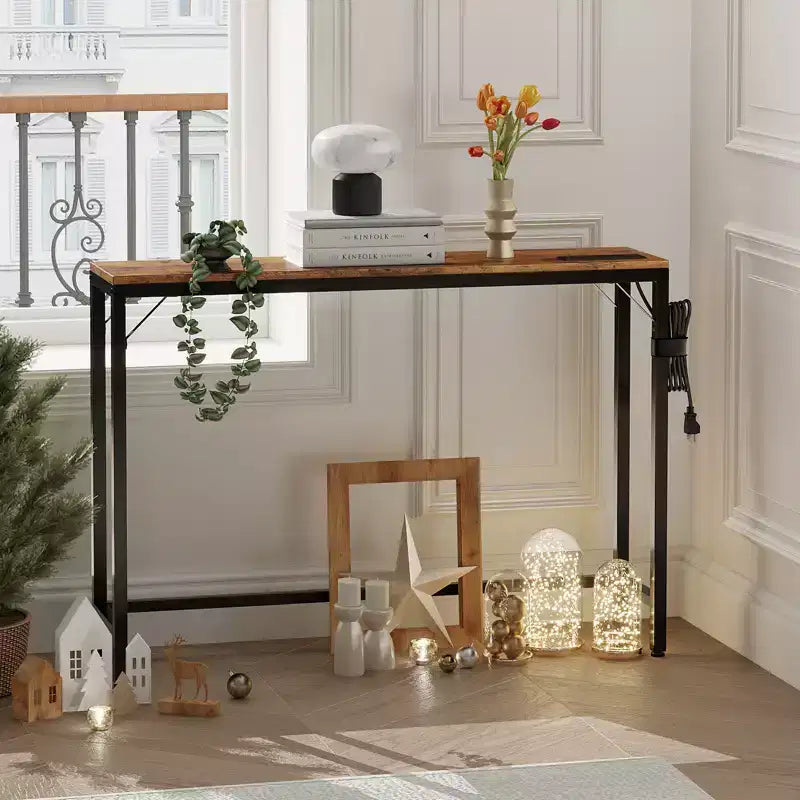 Narrow Black Console Table for Entryway or Sofa Back Slim Metal and Wood Accent Table for Living Room, Bedroom