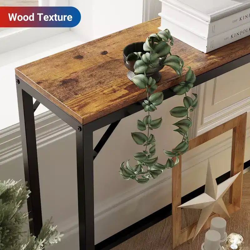 Narrow Black Console Table for Entryway or Sofa Back Slim Metal and Wood Accent Table for Living Room, Bedroom