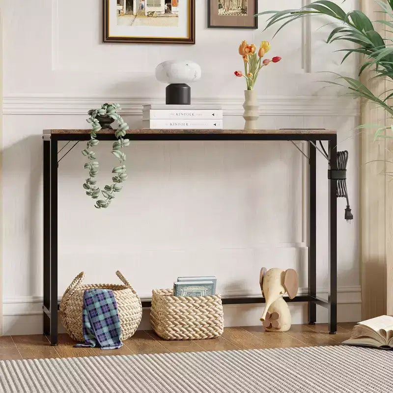 Narrow Black Console Table for Entryway or Sofa Back Slim Metal and Wood Accent Table for Living Room, Bedroom