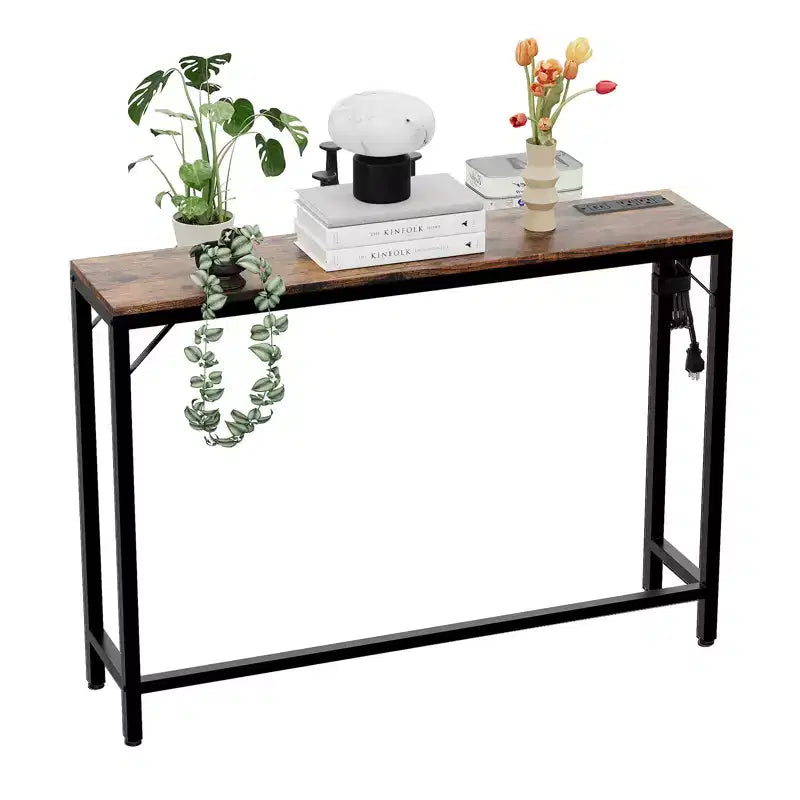 Narrow Black Console Table for Entryway or Sofa Back Slim Metal and Wood Accent Table for Living Room, Bedroom