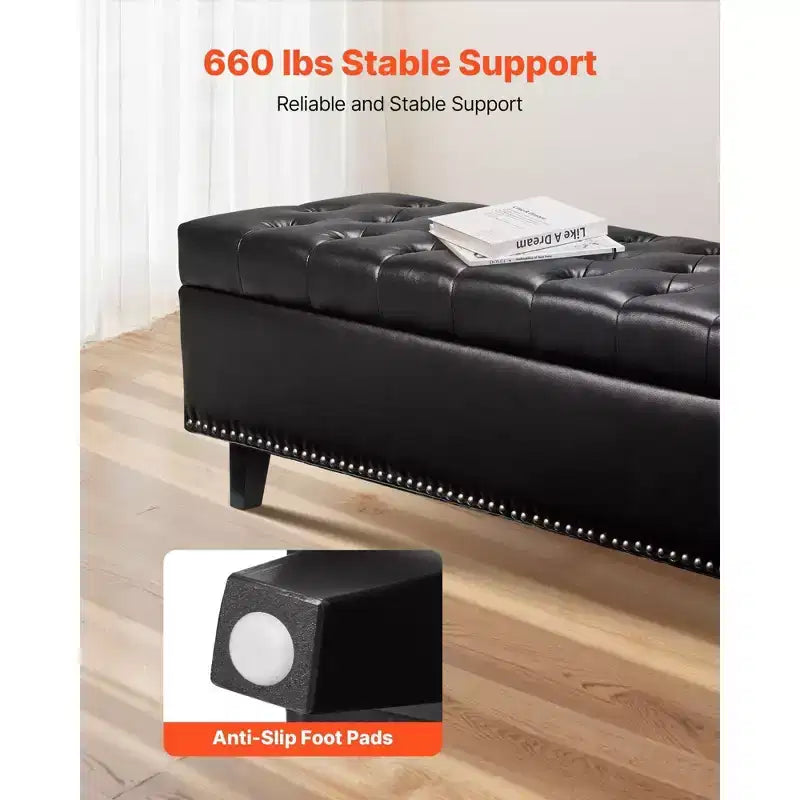 51.37 Storage Ottoman Bench, Black PU Leather Button-Tufted Bench, 300LBS for Entryway/Bedroom