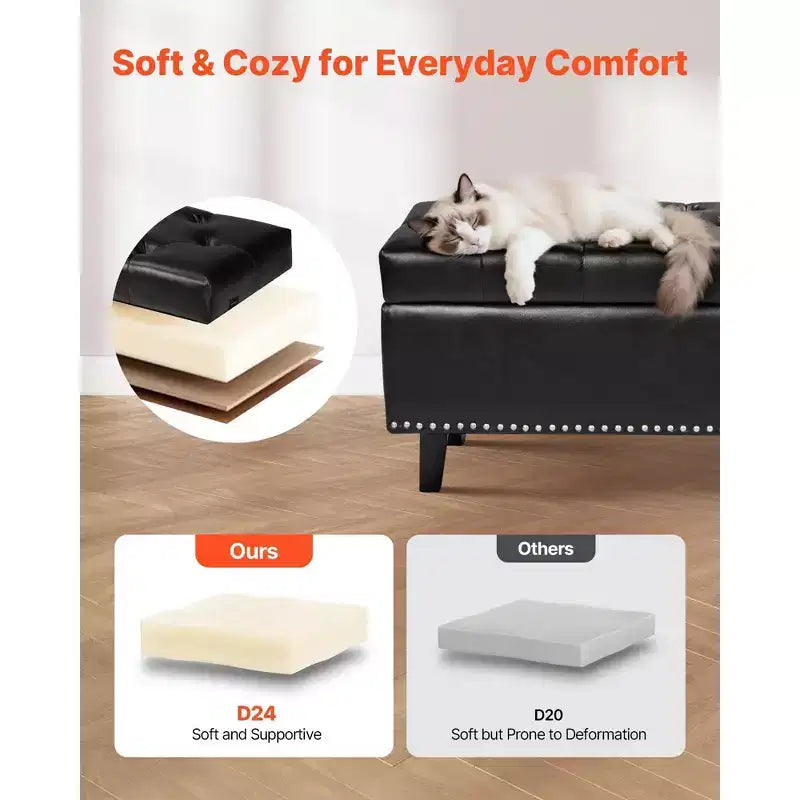 51.37 Storage Ottoman Bench, Black PU Leather Button-Tufted Bench, 300LBS for Entryway/Bedroom