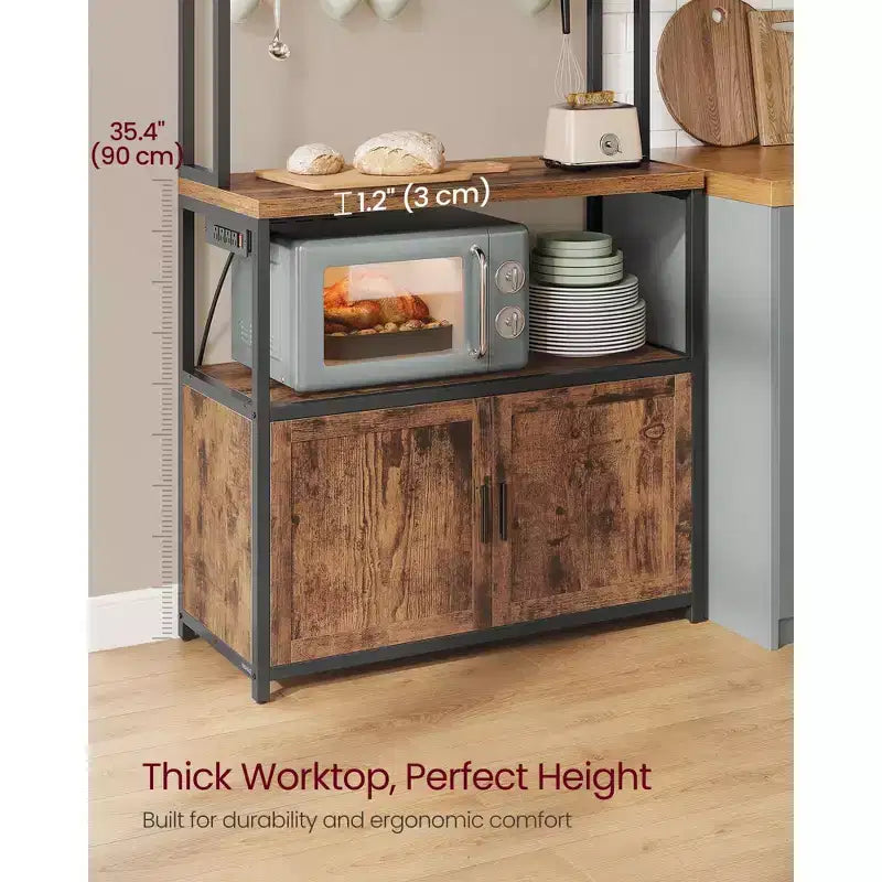Kitchen Bakers Rack with Power Outlet, Coffee Bar with 35.4-Inch High Worktop, Microwave Stand with 8 Hooks