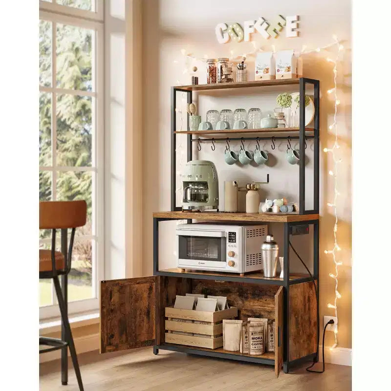 Kitchen Bakers Rack with Power Outlet, Coffee Bar with 35.4-Inch High Worktop, Microwave Stand with 8 Hooks