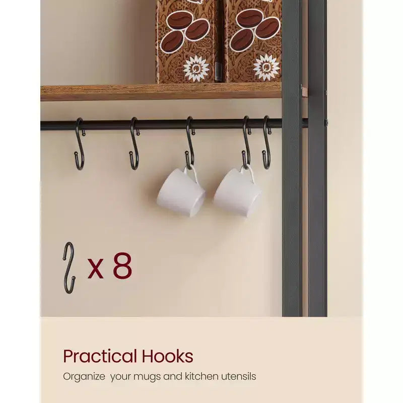 Kitchen Bakers Rack with Power Outlet, Coffee Bar with 35.4-Inch High Worktop, Microwave Stand with 8 Hooks
