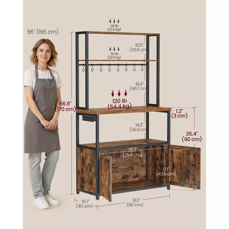 Kitchen Bakers Rack with Power Outlet, Coffee Bar with 35.4-Inch High Worktop, Microwave Stand with 8 Hooks