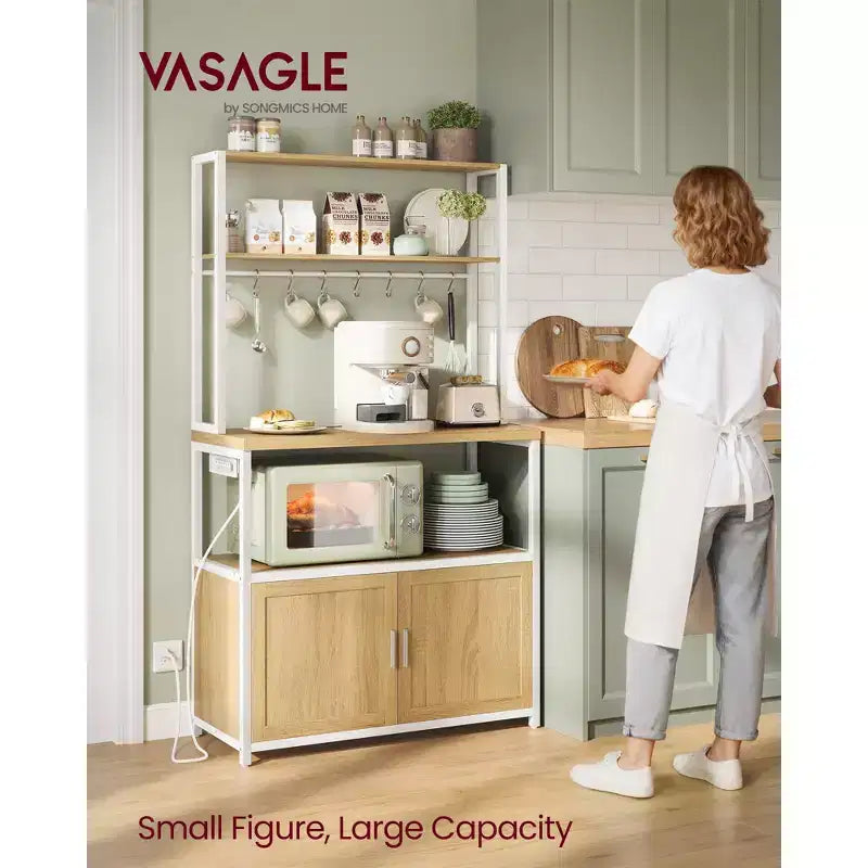 Kitchen Bakers Rack with Power Outlet, Coffee Bar with 35.4-Inch High Worktop, Microwave Stand with 8 Hooks