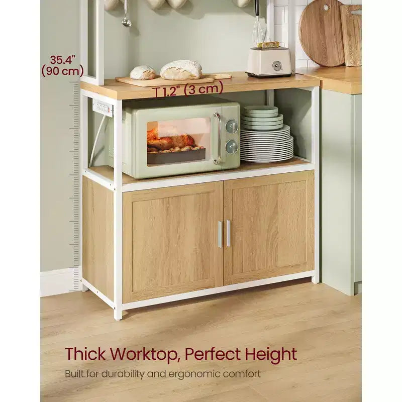 Kitchen Bakers Rack with Power Outlet, Coffee Bar with 35.4-Inch High Worktop, Microwave Stand with 8 Hooks