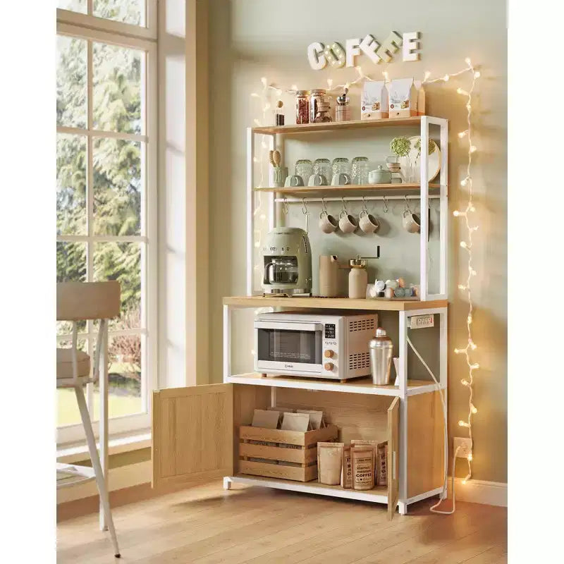 Kitchen Bakers Rack with Power Outlet, Coffee Bar with 35.4-Inch High Worktop, Microwave Stand with 8 Hooks