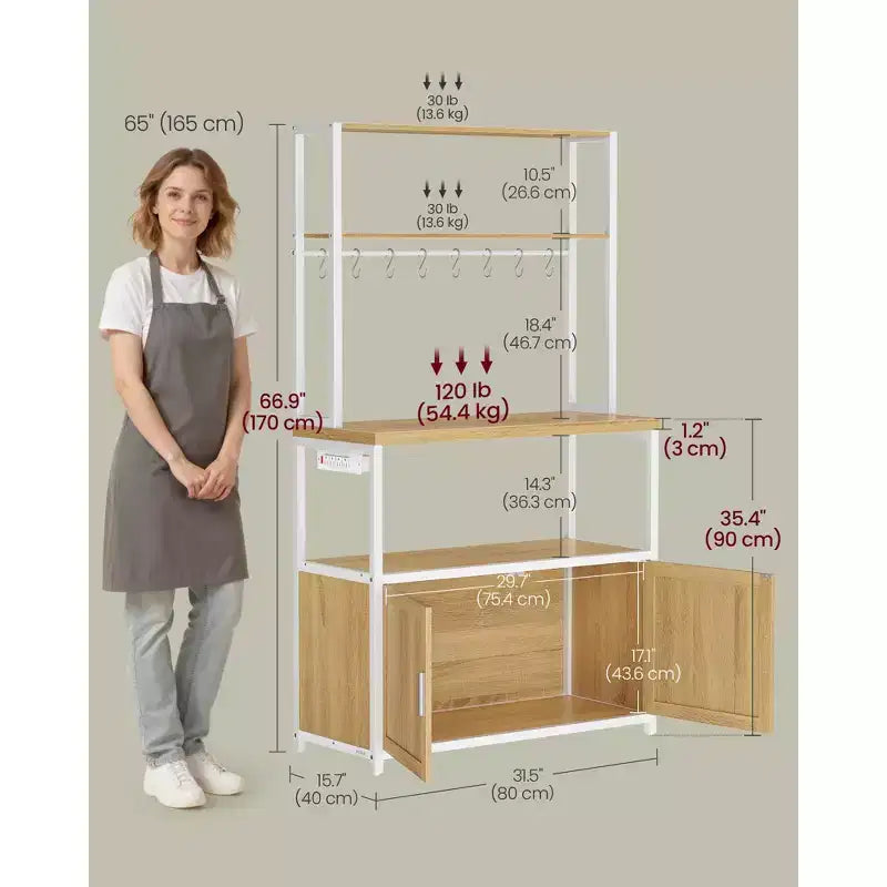 Kitchen Bakers Rack with Power Outlet, Coffee Bar with 35.4-Inch High Worktop, Microwave Stand with 8 Hooks