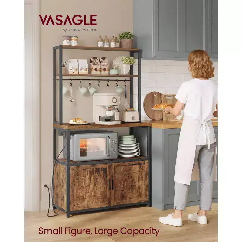 Kitchen Bakers Rack with Power Outlet, Coffee Bar with 35.4-Inch High Worktop, Microwave Stand with 8 Hooks
