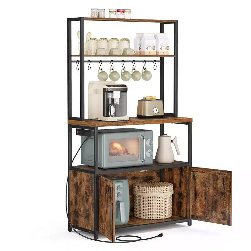 Kitchen Bakers Rack with Power Outlet, Coffee Bar with 35.4-Inch High Worktop, Microwave Stand with 8 Hooks