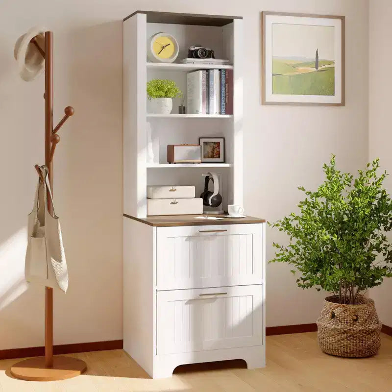 72 Farmhouse Bookcase with 2 File Drawers - White Rustic Wood Storage Cabinet, Adjustable Shelves for Home Office/Living Room