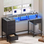 47 Inch Grey Computer Desk with Charging Station Reversible Gaming Desk LED Lights 5 Fabric Drawers Monitor Stand Home Office Writing Table