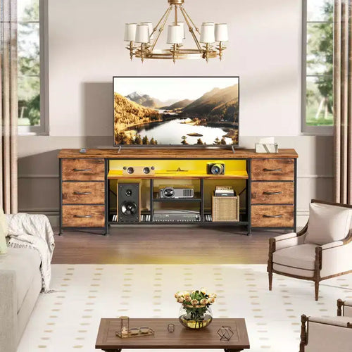 71 Inch Brown TV Stand Dresser with Charging Station LED Lights 6 Fabric Drawers PU Leather Media Console for TVs up to 80 Inch Bedroom Storage