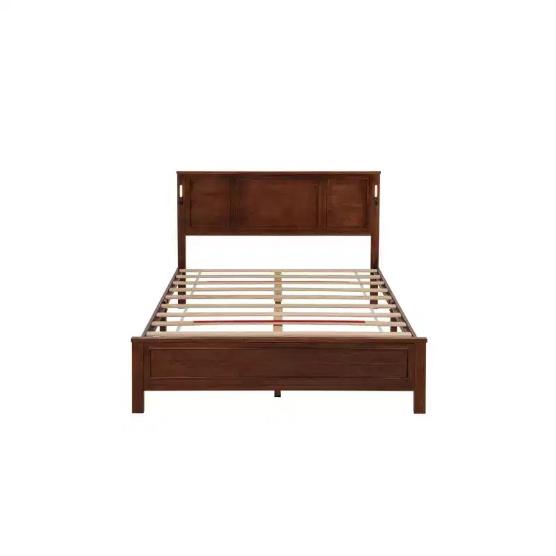 Pine Wood Bed Frame with Headboard Lights and Charging Station