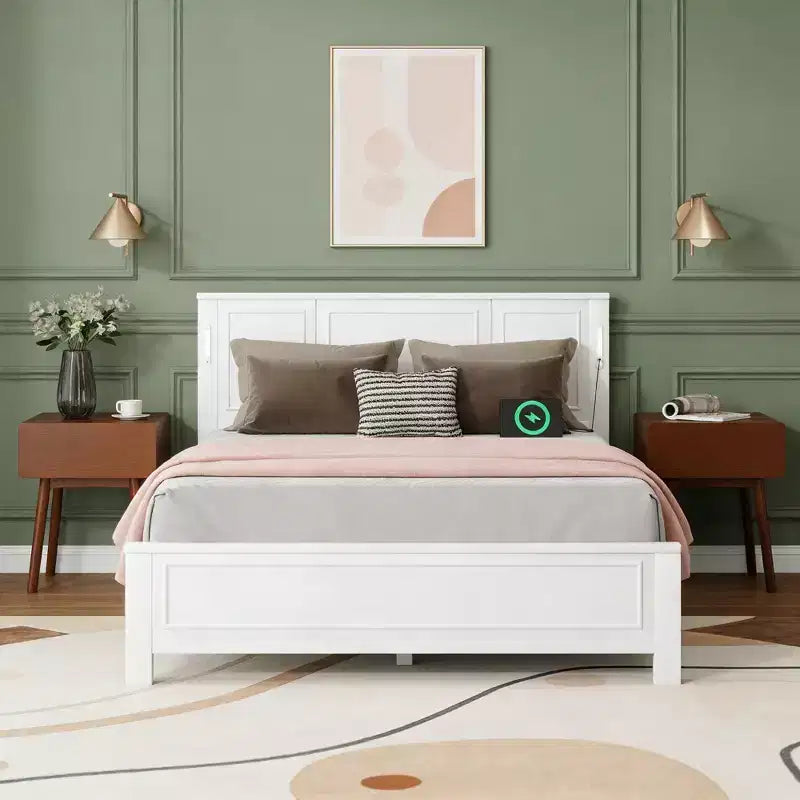 Pine Wood Bed Frame with Headboard Lights and Charging Station