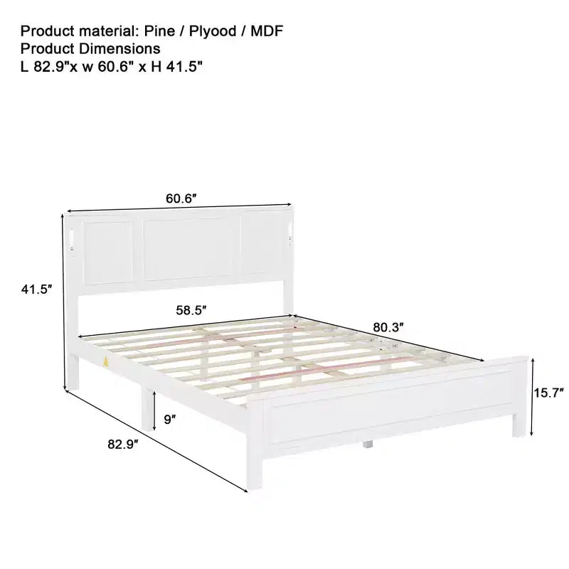 Pine Wood Bed Frame with Headboard Lights and Charging Station