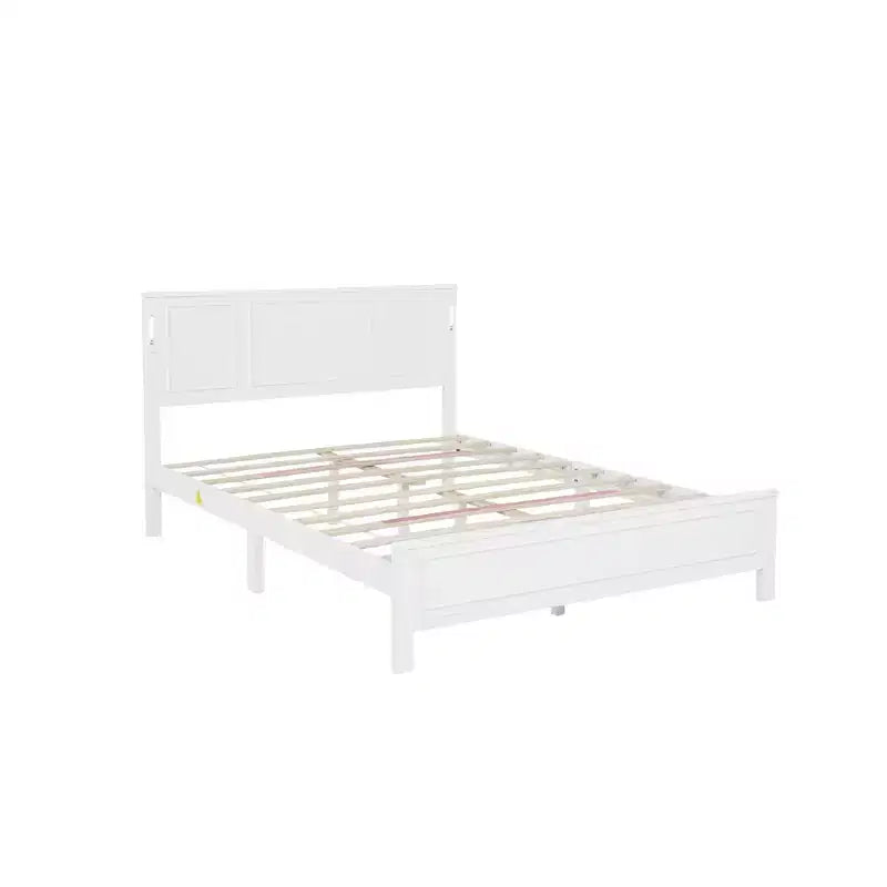 Pine Wood Bed Frame with Headboard Lights and Charging Station