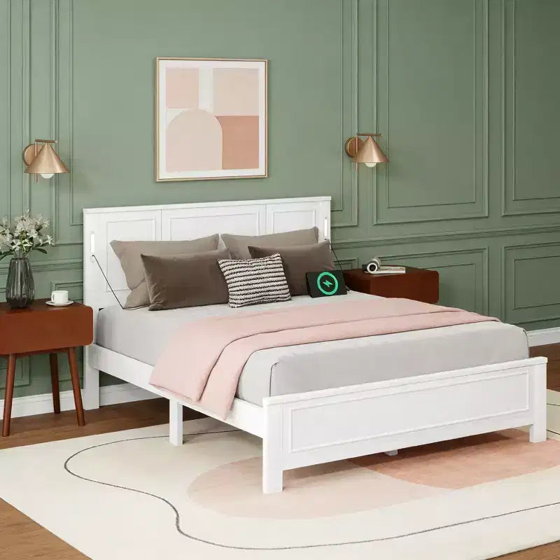 Pine Wood Bed Frame with Headboard Lights and Charging Station