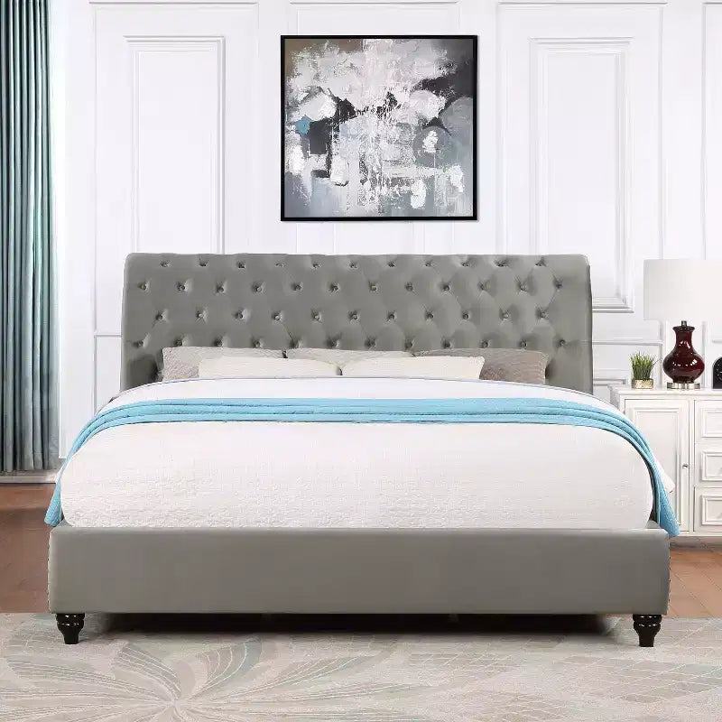 Velvet Upholstered Queen Sleigh Bed with Tufted Headboard and Footboard