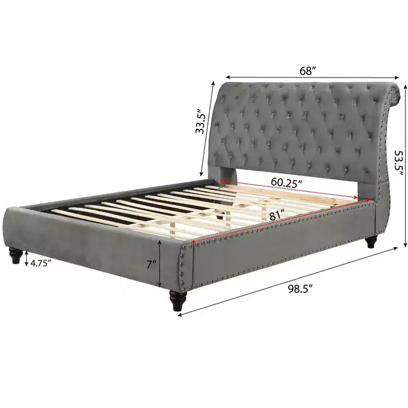 Velvet Upholstered Queen Sleigh Bed with Tufted Headboard and Footboard