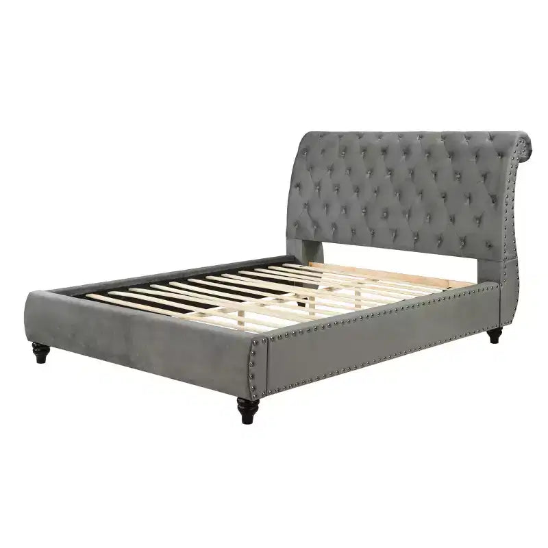 Velvet Upholstered Queen Sleigh Bed with Tufted Headboard and Footboard