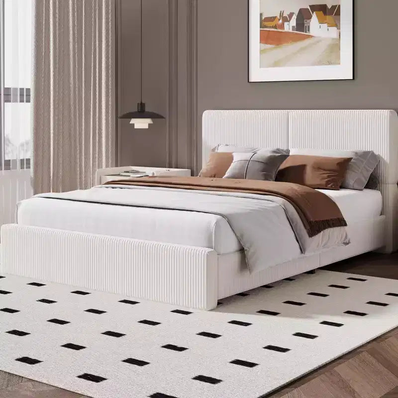 PU Leather Upholstered Platform Bed with Under-Bed Storage and Wood Slats