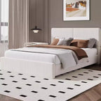 Letto imbottito in pelle sintetica con contenitore e doghe in legno