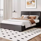 Letto imbottito in pelle sintetica con contenitore e doghe in legno