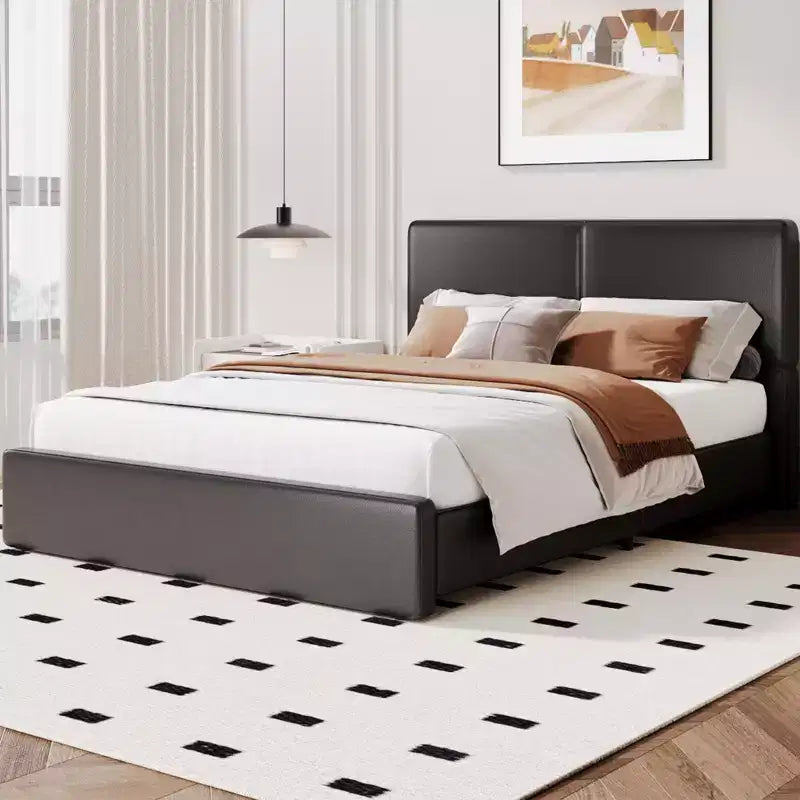 PU Leather Upholstered Platform Bed with Under-Bed Storage and Wood Slats