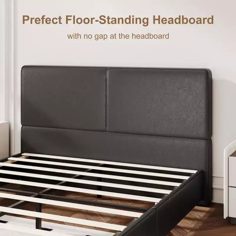 PU Leather Upholstered Platform Bed with Under-Bed Storage and Wood Slats